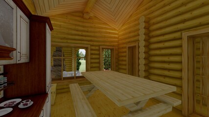 wooden bath, a little cottage, tiny house out of a log. Color illustrated picture for advertising materials of the construction business