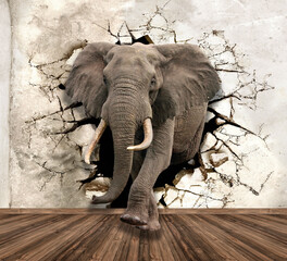 3d picture elephant destroys the wall  - obrazy, fototapety, plakaty