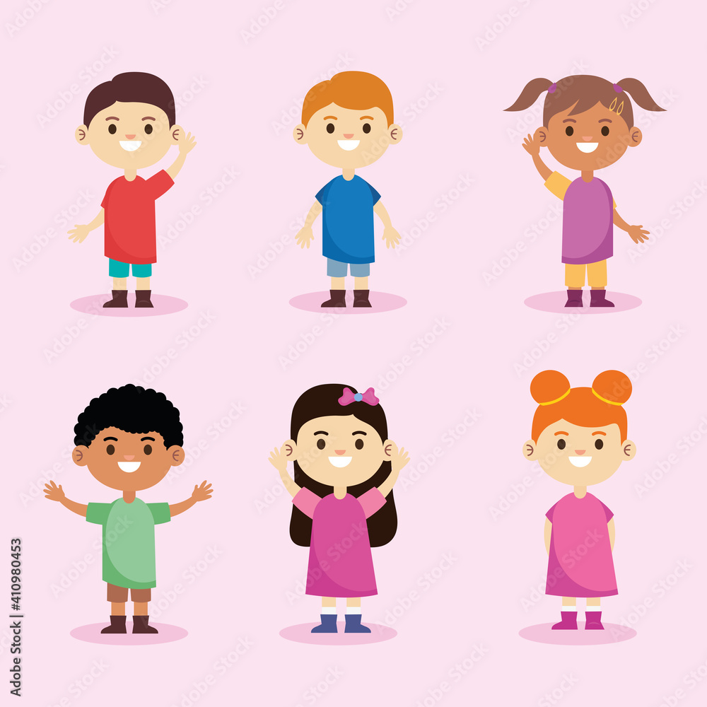 Poster group of six interracial little children vector illustration design