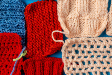 Fragments of colored knitted patterns. Self-study knitting