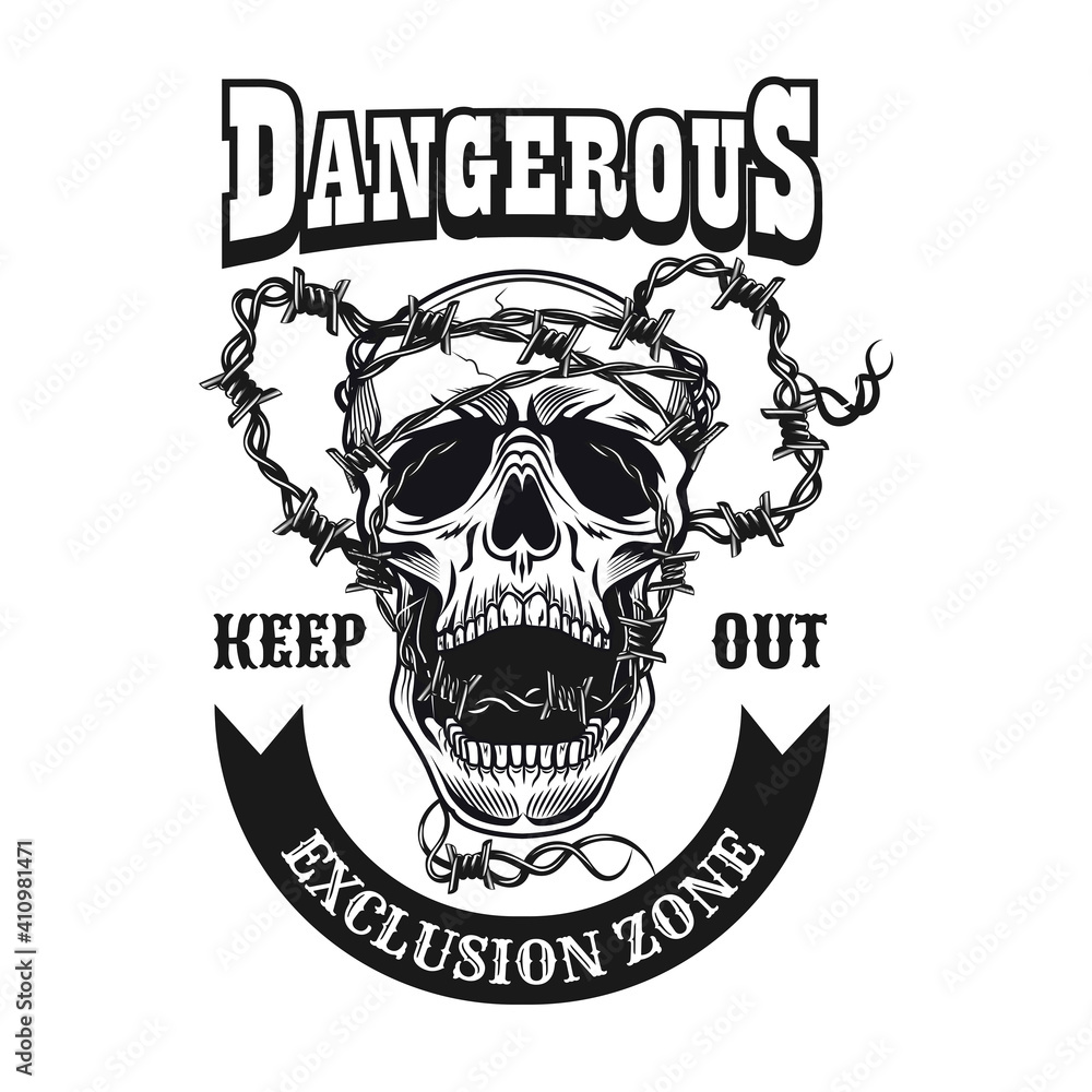Poster execution zone symbol design. monochrome element with skull and barbed wire vector illustration with