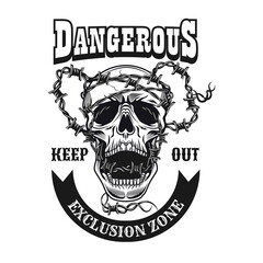 Fototapeta premium Execution zone symbol design. Monochrome element with skull and barbed wire vector illustration with text. Keeping distance or defense concept for emblems and labels templates