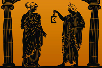 Fototapeta premium Two ancient greek young women with a laurel wreath on his head in a tunic and cape stands between two columns and holds a lantern in his hand.