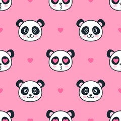 Seamless pattern with panda bears and hearts