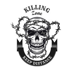 Killing zone tattoo design. Monochrome element with skull and barbed wire vector illustration with text. Danger or defense concept for emblems and labels templates