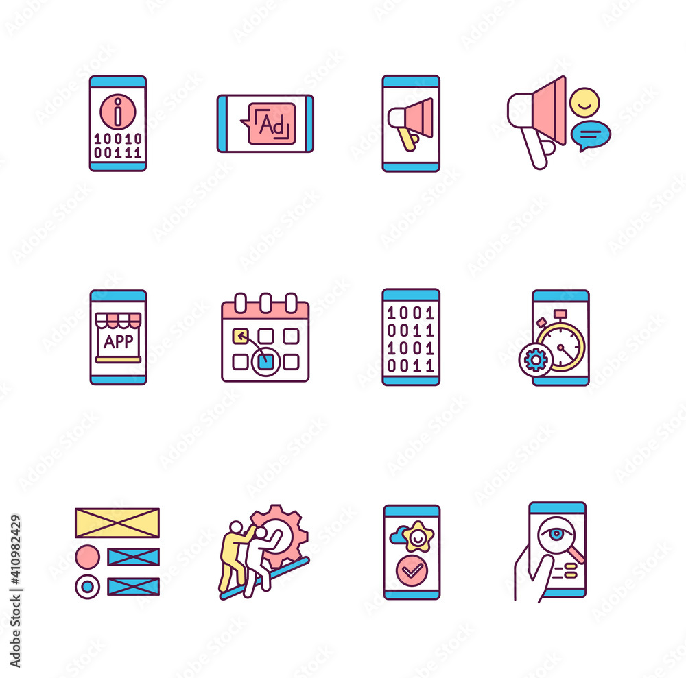 Poster mobile application rgb color icons set. information architecture. paid advertisement. online promoti