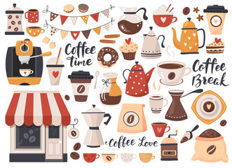 Coffee icons set: cups, kettle, and coffee beans. Design elements perfect for cafe menu,  restaurant posters, card,  invitation, sticker kit. Vector illustration