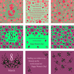 Greeting cards for the International Women's Day on March 8 with congratulations. Collection of postcards with the text.