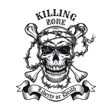 Killing zone symbol design. Monochrome element with skull and barbed wire vector illustration with text. Keeping distance or defense concept for emblems and labels templates