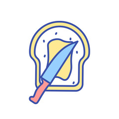 Butter spreading on bread RGB color icon. Toast with flavor. Fatty product. Dairy industry. Foodstuff, grocery food. Unhealthy snack. Cookery ingredient. Isolated vector illustration
