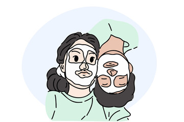 Simple outlined hand-drawn vector illustration of couple wear sheet mask together. Young couples spend relaxing time together caring for their facial skin