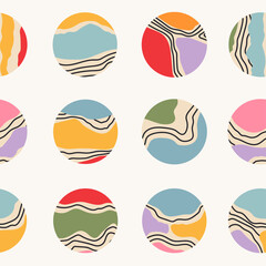 Naklejka premium Set of various Vector Hand drawn Round icons. Abstract colorful background. Various shapes, lines, curves, doodles. Square seamless Pattern