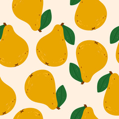 Juicy yellow Pears, green leaves. Fresh tasty fruits. Hand drawn colored Vector illustration. Square seamless Pattern. Background, wallpaper. Perfect for textile prints, posters or wrapping paper
