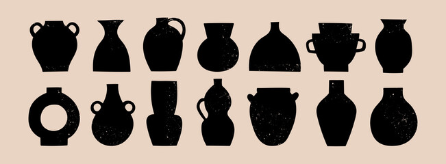 Various ceramic Vases. Different shapes. Black silhouettes. Antique, ancient ceramics. Pottery concept. Stamp texture. Hand drawn Vector set. Trendy illustration. All elements are isolated