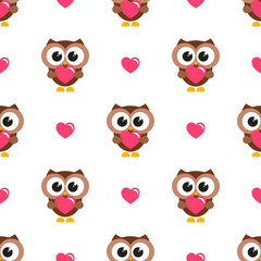 Seamless pattern with brown owls and hearts