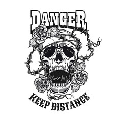 Keeping distance tattoo design. Monochrome element with skull, flowers and barbed wire vector illustration with text. Danger or defense concept for emblems and labels templates