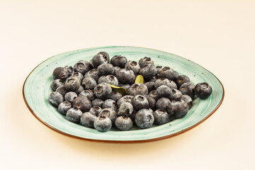 Fresh blueberries on turquoise blue plate on white background.  Side view, copy space