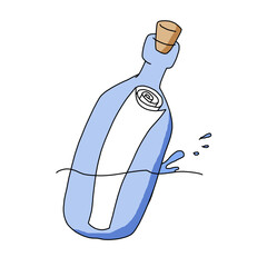 Illustration of a bottle with a message inside in the middle of the water