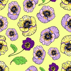 Fotobehang  Pansies, flowers, bloom, flora. Seamless pattern, print, textile. hand-drawn  spring, summer, nature. Purple, yellow, pink © Paint_art