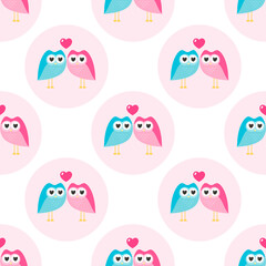 Pattern with funny blue and pink loving owls