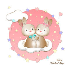 Happy Valentine's Day greeting card with two cute loving bunnies
