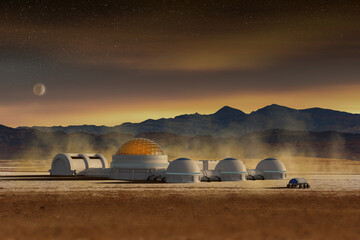 Futuristic base station in a space desert landscape, 3d illustration. Martian or extraterrestrial human colony and research habitat. © Paulista