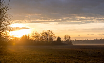 Morning sunrise over the meadows in Siebenbrunn near Augsburg