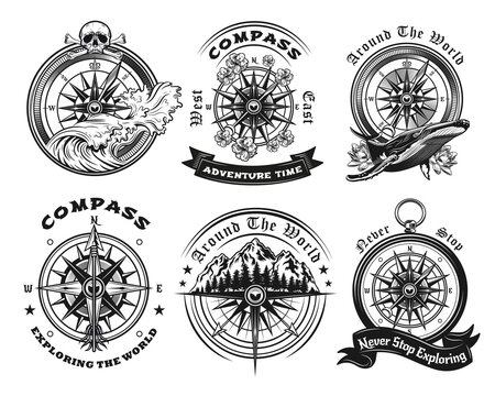 Compass tattoo templates set. Monochrome design marine elements with sea waves, whale, mountain landscape and text. Adventure, travel, navigation concept for emblems and symbols design