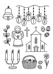 Hand drawn outline vector Easter set. Religious Holiday Symbols. Church, Angel, Willow, Bell, Eggs Basket, Candles. Contour drawing elements collection for infographic, design card, coloring book page
