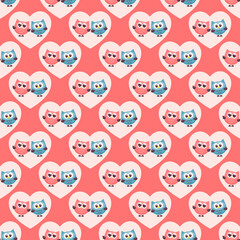 Seamless pattern with funny owls in hearts