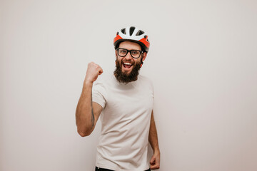 Portrait of handsome guy in the bike helmet