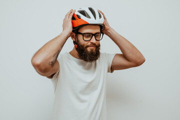 Portrait of handsome guy in the bike helmet