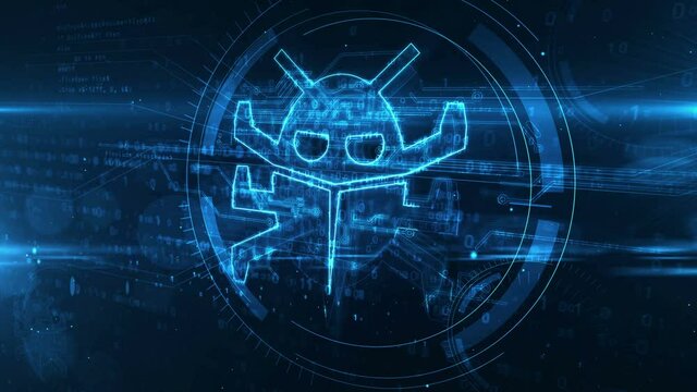 Virus symbol, computer protection, cyber attack, antivirus, digital worm and bug icon neon. Abstract concept 3d rendering animation. Futuristic digital background.