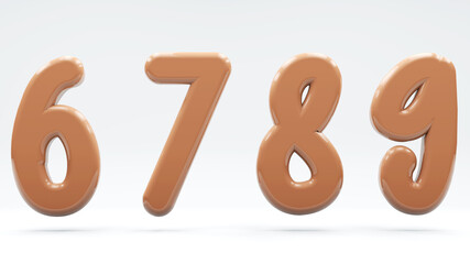 Glossy beige and brown. Numbers 6, 7, 8, 9. 3D render of bubble twisted font with glint isolated on white background.