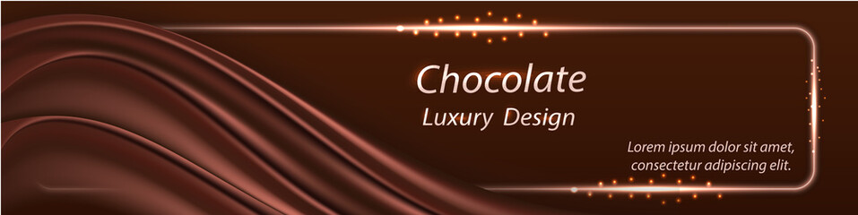 Chocolate luxury background for banner or poster design. Chocolate  wavy silk swirl curtain with smooth realistic satin texture and glowing metal frame border. Vector illustration