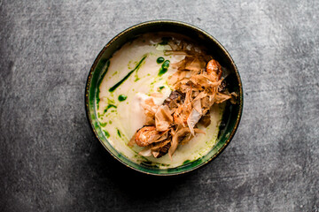 top view of plate with delicious dish of fusion cuisine