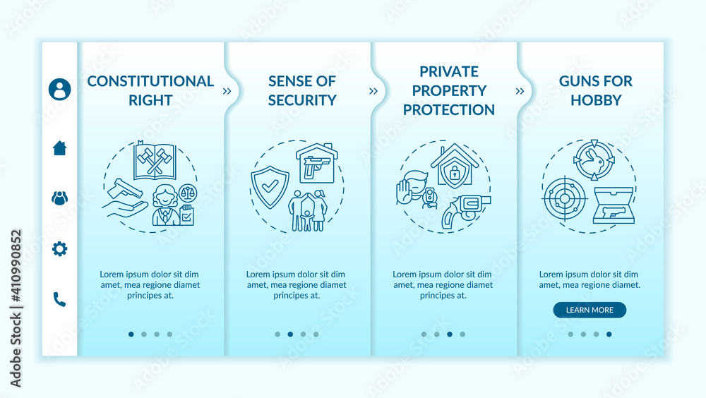 Poster gun rights onboarding vector template. sense of security. property protection. constitutional legisl
