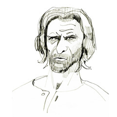 Black and white hand-drawn face of a stern man. Pencil portrait. Object for logo, print on T-sirt, shopper bag, postcard, web projects.