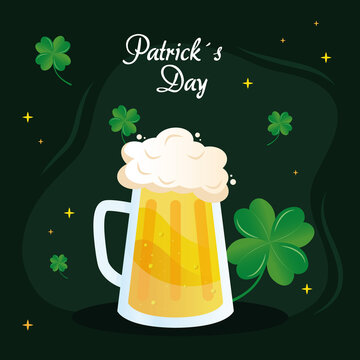saint patricks day lettering with beer jar and clovers vector illustration design