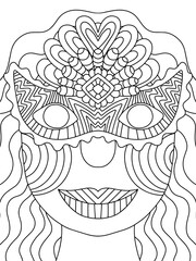 Happy young woman with long hair and venetian mask portrait stock vector illustration. Funny Mardi Gras carnival queen coloring page for kids and adults. Traditional cultural festival coloring page