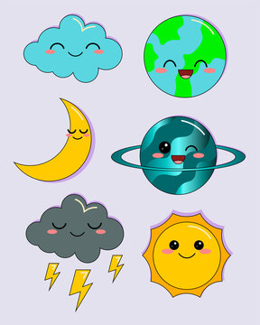A set of cut icons on a lilac background. The set includes: planets, sun, crescent, and sheeps. All elements are isolated.