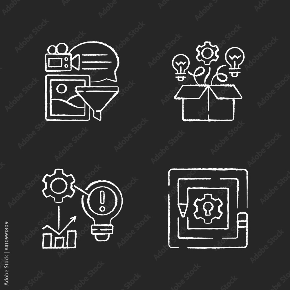 Poster creative thinking chalk white icon on black background. breaking down problems. analyzing informatio