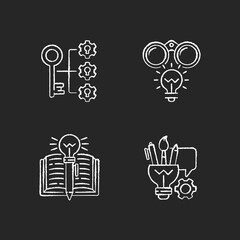 Creative thinking chalk white icon on black background. Writing skills. Flash bulb as creative idea. Book with pencil. Keys from brilliant ideas. Isolated vector chalkboard illustrations