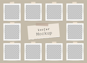 Set of transparent square photo frames with adhesive tape and a piece of torn paper. Mockup for design, portfolio. Blank template on beige background. Vector 3d realistic. 10 empty photo cards. EPS 10