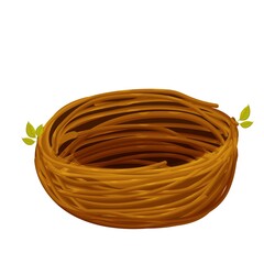 Cute bird nest from twigs in cartoon style isolated on white background. Empty natural basket, construction, single object, clipart. 