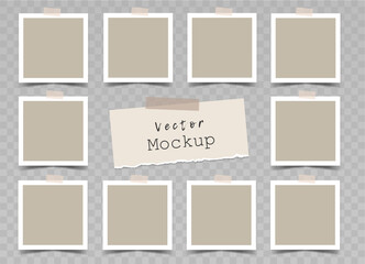 Set of  beige square photo frames with adhesive tape and a torn paper note. Mockup for photo album, presentation, social media. Blank template. Vector 3d realistic.10 empty photo cards. EPS10.