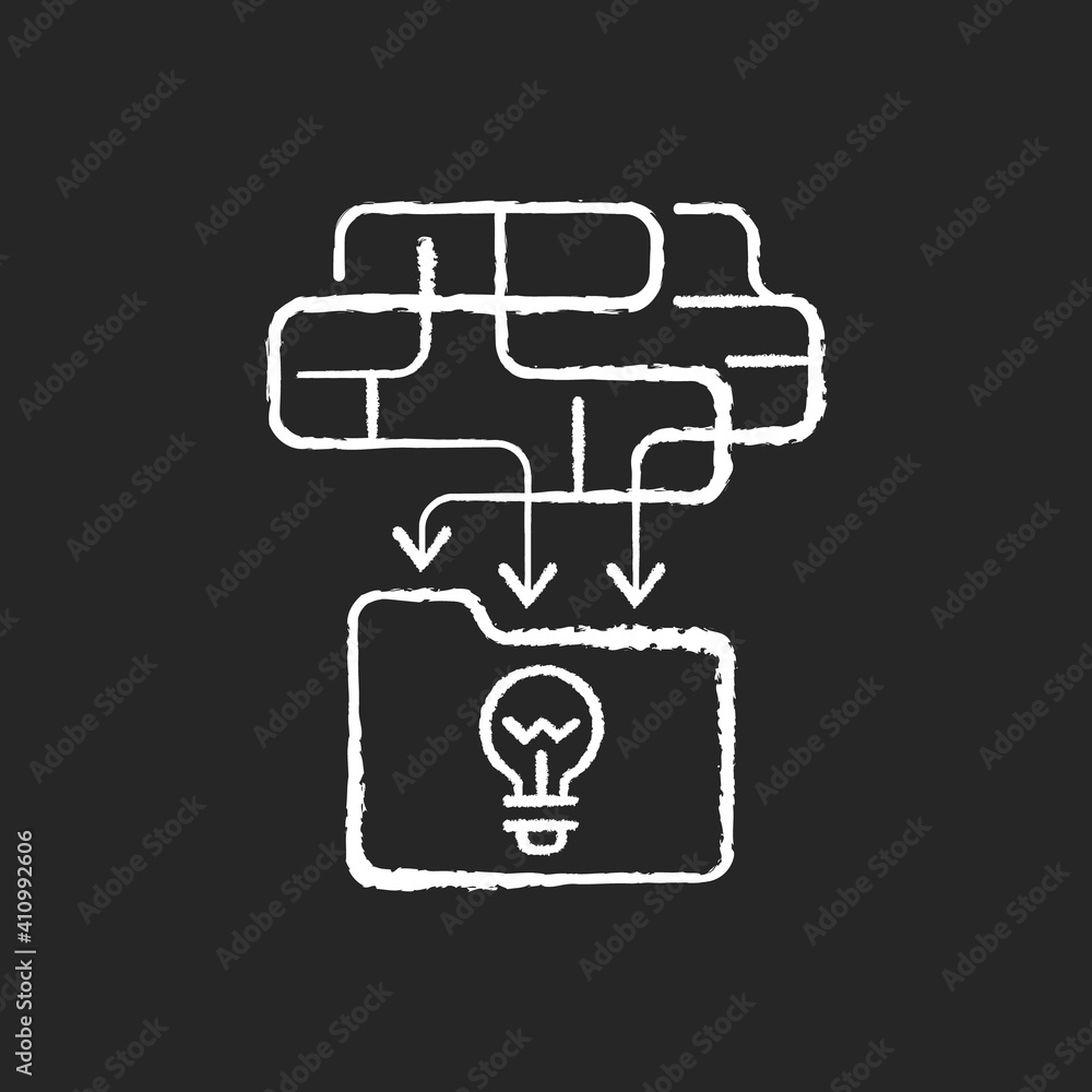 Poster organizing information chalk white icons set on black background. creative way for solving problems.