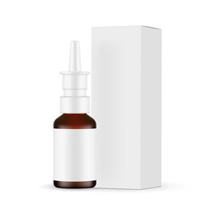 Glass Nasal Spray Bottle Mockup with Label, Packaging Box Side View, Isolated on White Background. Vector Illustration