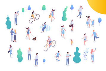 Different isomeric people vector set isolated on white. Male and female have outdoor activity in park. Walking with dog, riding bicycle and skateboard, sitting on bench in park..