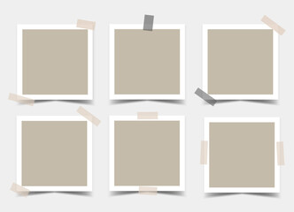 Fototapeta na wymiar Set of square photo frames with various adhesive tapes. Vector 3d realistic. Mockup for design or presentation. Blank Template. 6 empty beige photo cards with black and beige sticky tape. EPS10. 